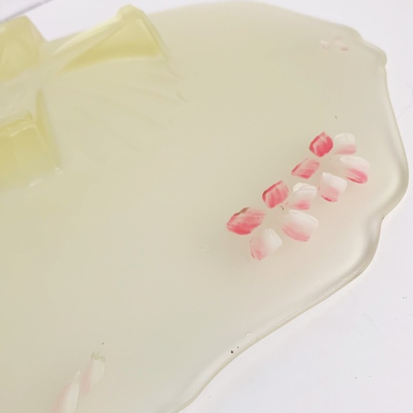 Depression Satin Glass Short Footed Compote Reverse Painted Floral Scallop Edge - Picture 10 of 13